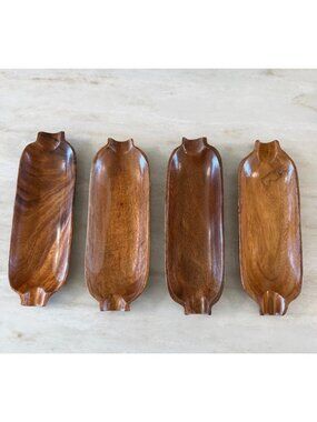 Set Of 4 Hand-Carved Wooden MCM Corn on the cob Holders